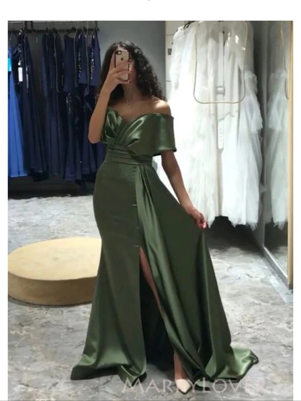 Elegant Off-Shoulder Olive Green Evening Gown